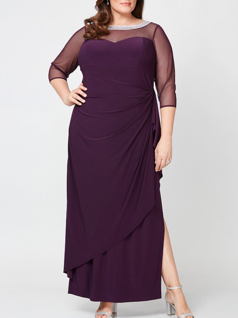 Alex Evenings New Eggplant Formal Illusion Embellished Neck Ruched Gown, 22w